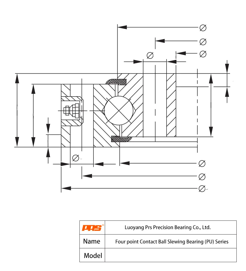 CAD Drawing and Dimensions for PU20.0220 PU Series Four-Point Contact Ball Slewing Bearings