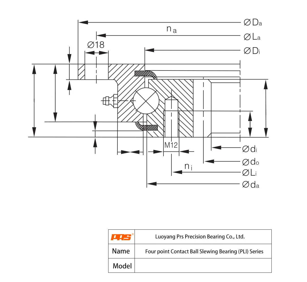 CAD Drawing and Dimensions for PLI20.1044 PLI20 Series Four Point Contact Ball Slewing Bearings